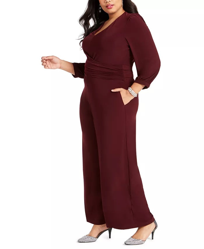Macacão feminino plus size com franzido e pernas largas, vermelho escuro, tamanho 18W