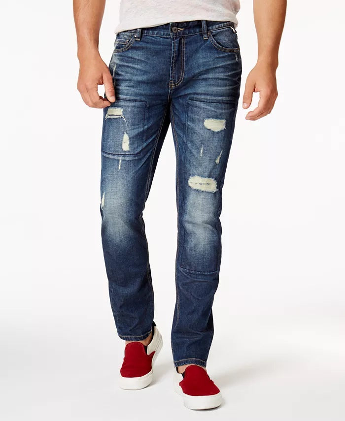 Calça jeans masculina American Rag rasgada e elástica azul brilhante tamanho 32x30