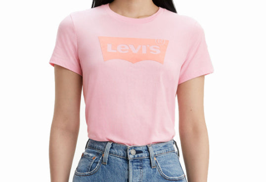 Camiseta Levi's Batwing Cotton The Perfect Tee Feminina com Logo e Estampa Rosa Tamanho P