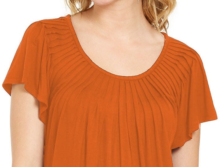 Blusa feminina estilo &amp; co, gola plissada, mangas bufantes, marrom, tamanho pequeno