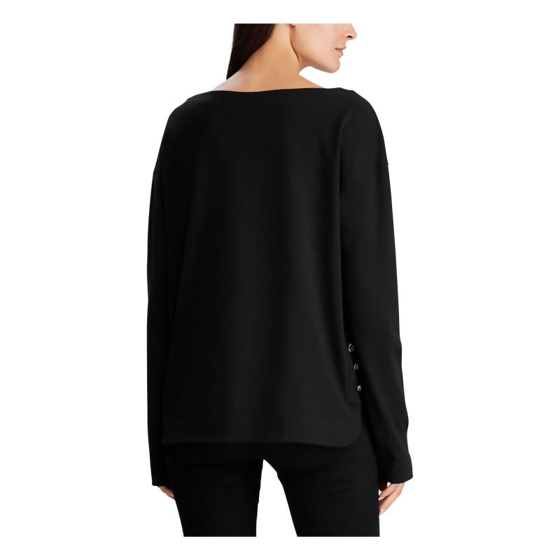 Camiseta Ralph Lauren Feminina Preta com Botões e Manga Longa e Gola Joia, Tamanho Extra Grande