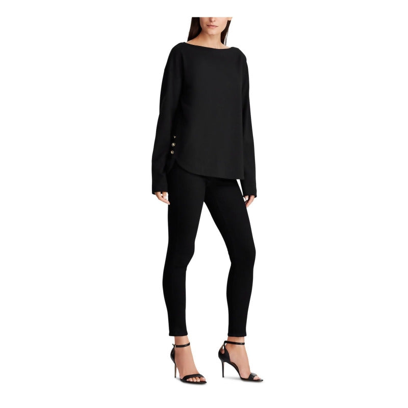Camiseta Ralph Lauren Feminina Preta com Botões e Manga Longa e Gola Joia, Tamanho Extra Grande