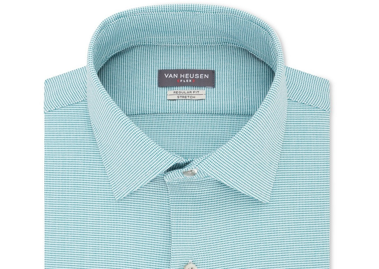 Camisa social masculina Van Heusen Classic/Regular Fit Performance Stretch, sem rugas, com gola flexível e micropigmento, azul, tamanho 14-32-33