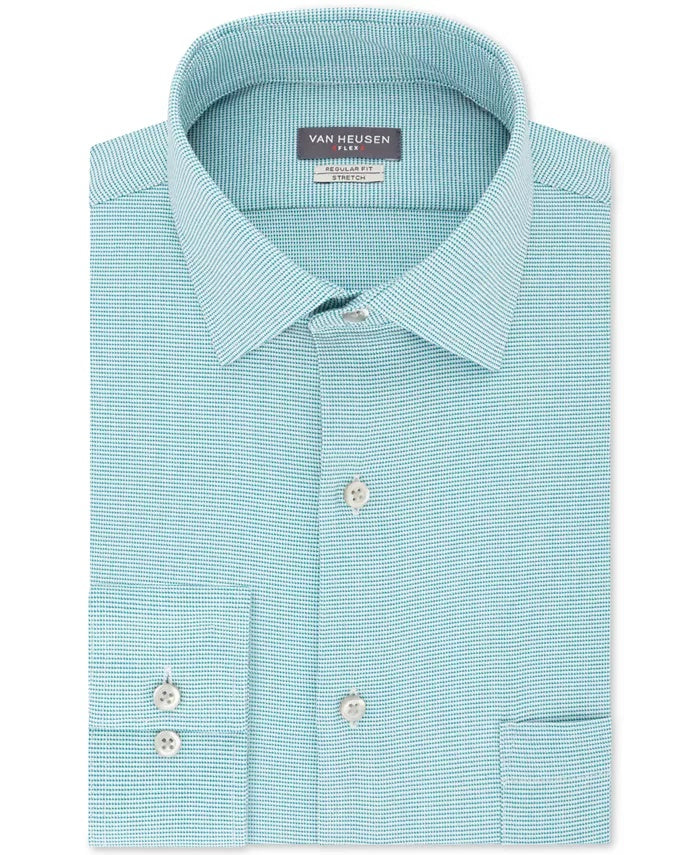 Camisa social masculina Van Heusen Classic/Regular Fit Performance Stretch, sem rugas, com gola flexível e micropigmento, tamanho pied-de-poule, azul, tamanho 17,5 x 34-35