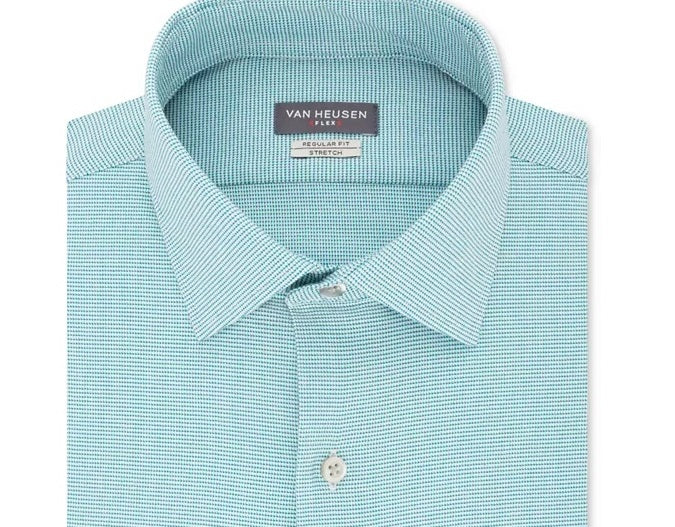 Camisa social masculina Van Heusen Classic/Regular Fit Performance Stretch, sem rugas, com gola flexível e micropigmento, tamanho pied-de-poule, azul, tamanho 17,5 x 34-35