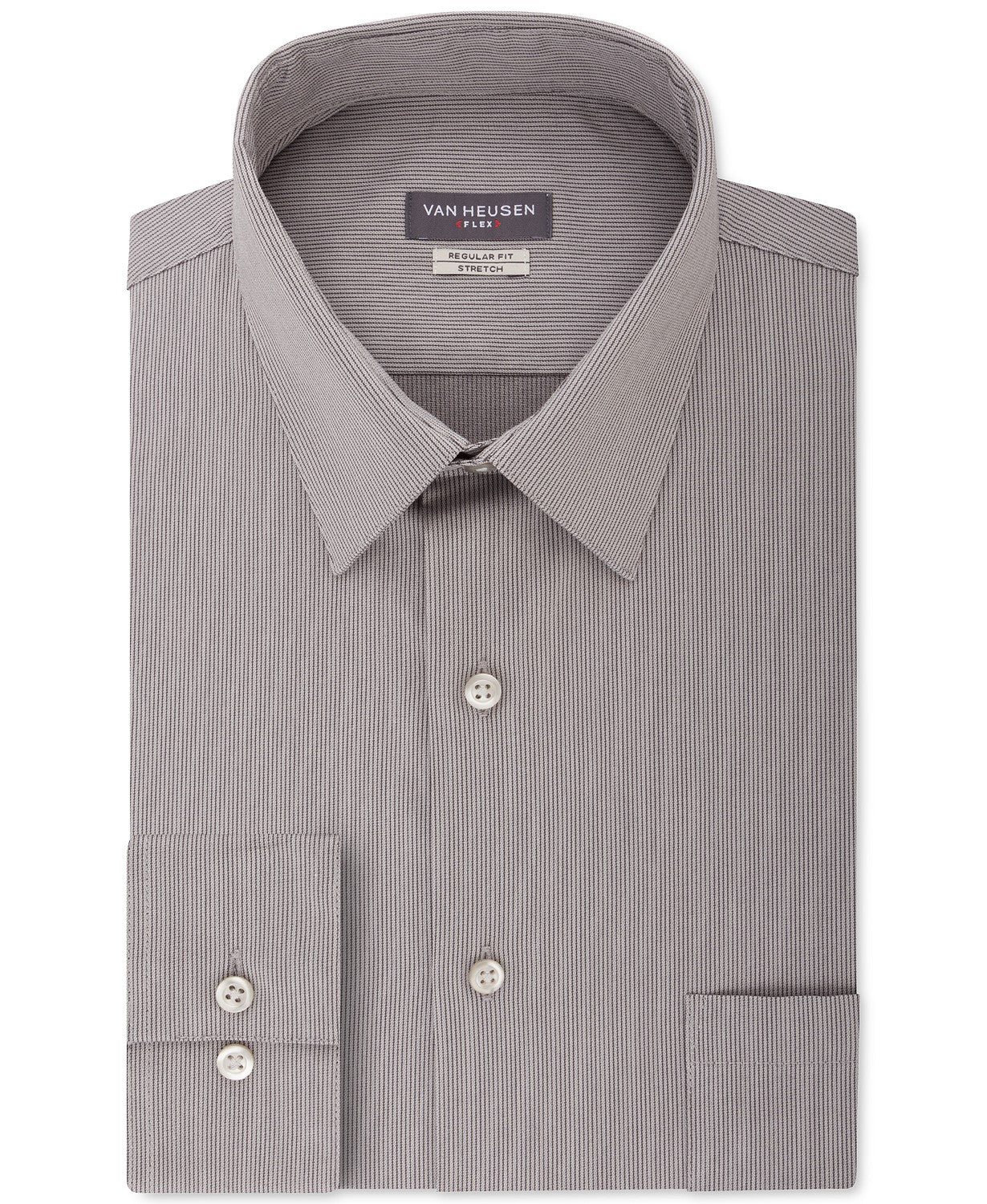 Camisa social listrada Van Heusen masculina com ajuste flexível e gola cinza, tamanho 32x33