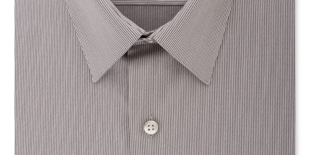 Camisa social listrada Van Heusen masculina com ajuste flexível e gola cinza, tamanho 32x33