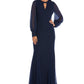 Vestido de noite feminino de manga comprida com decote em V azul-marinho