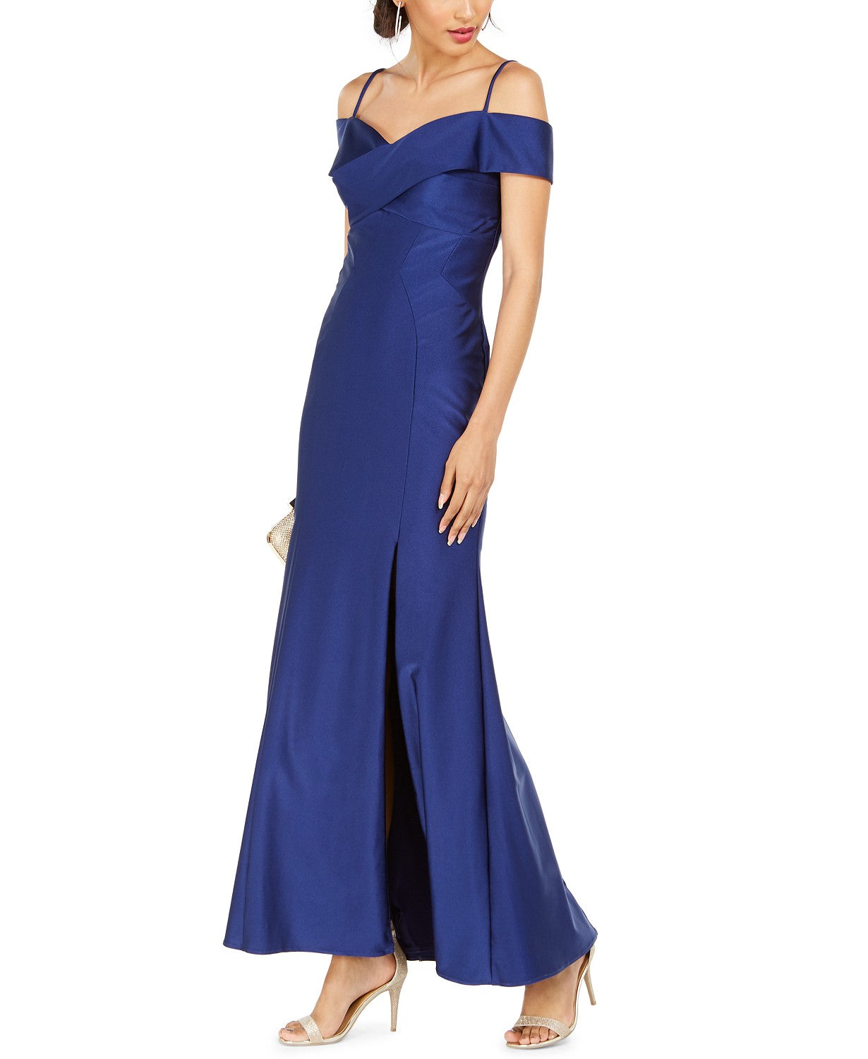 Vestido de festa feminino Nightway com decote ombro a ombro e fenda em cetim