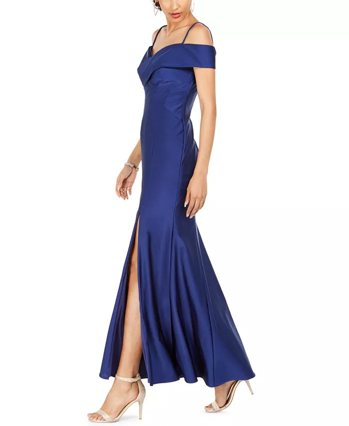 Vestido de festa feminino Nightway com decote ombro a ombro e fenda em cetim
