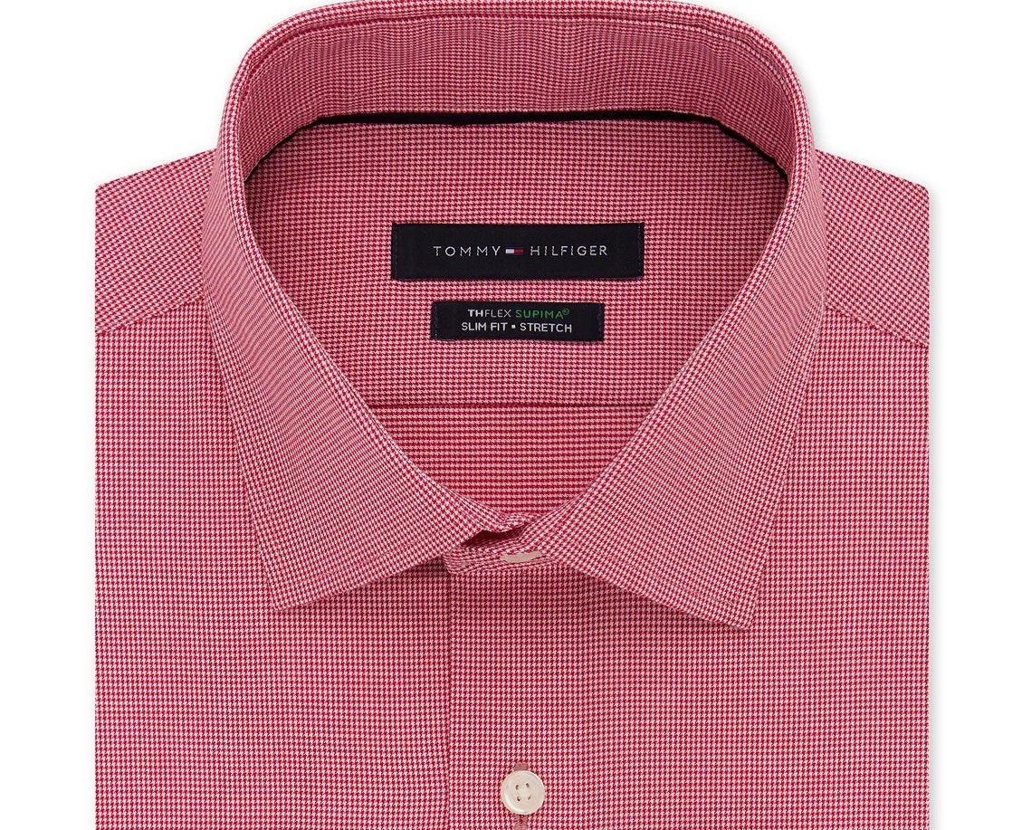 Camisa social masculina Tommy Hilfiger Slim-Fit, sem necessidade de passar, com estampa elástica, xadrez, vermelha brilhante, tamanho 16,5 x 32-33