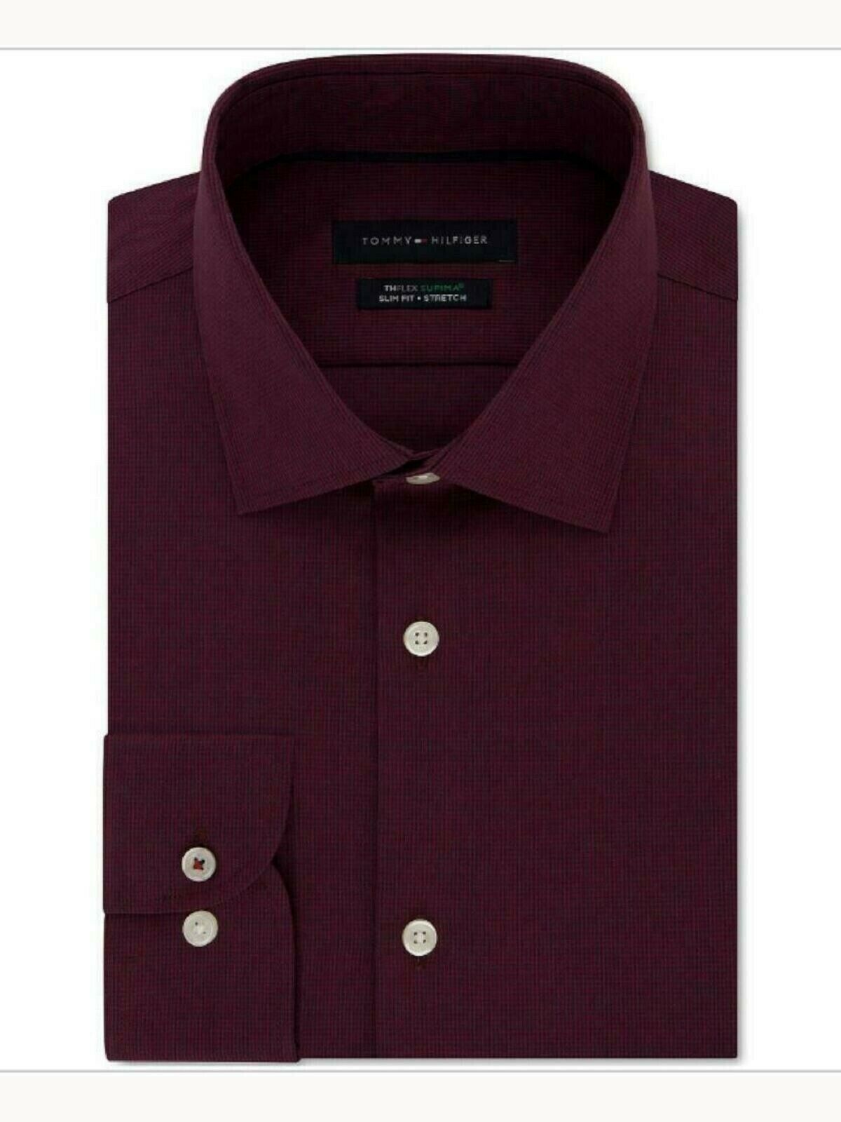 Camisa social masculina Tommy Hilfiger Slim-Fit, sem necessidade de passar, com estampa elástica e xadrez, vermelha, tamanho 17-36-37