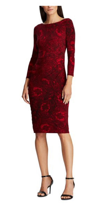 Vestido de coquetel Ralph Lauren feminino, com decote em V e comprimento até o joelho, vermelho, tamanho 16