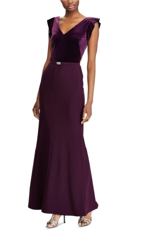 Vestido formal feminino Ralph Lauren roxo de veludo, manga curta, decote em V, comprimento total, estilo flare, roxo, tamanho 4