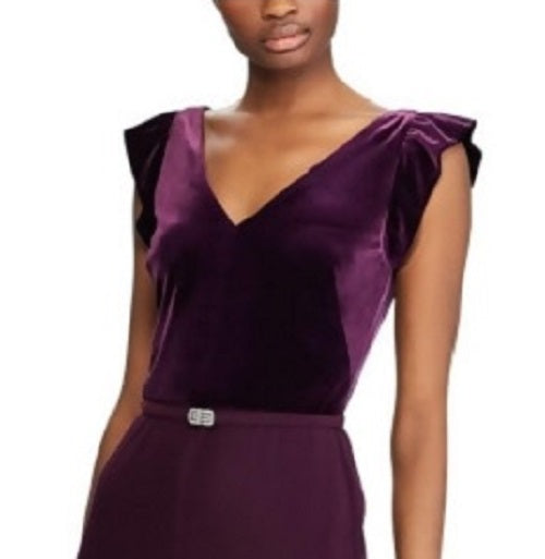 Vestido formal feminino Ralph Lauren roxo de veludo, manga curta, decote em V, comprimento total, estilo flare, roxo, tamanho 4