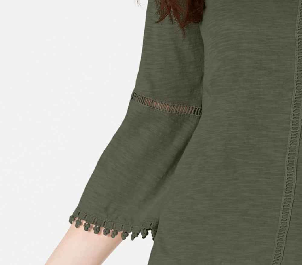 Blusa feminina pequena de crochê com manga sino e acabamento em crochê, verde oliva, tamanho médio