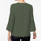 Blusa feminina pequena de crochê com manga sino e acabamento em crochê, verde oliva, tamanho médio