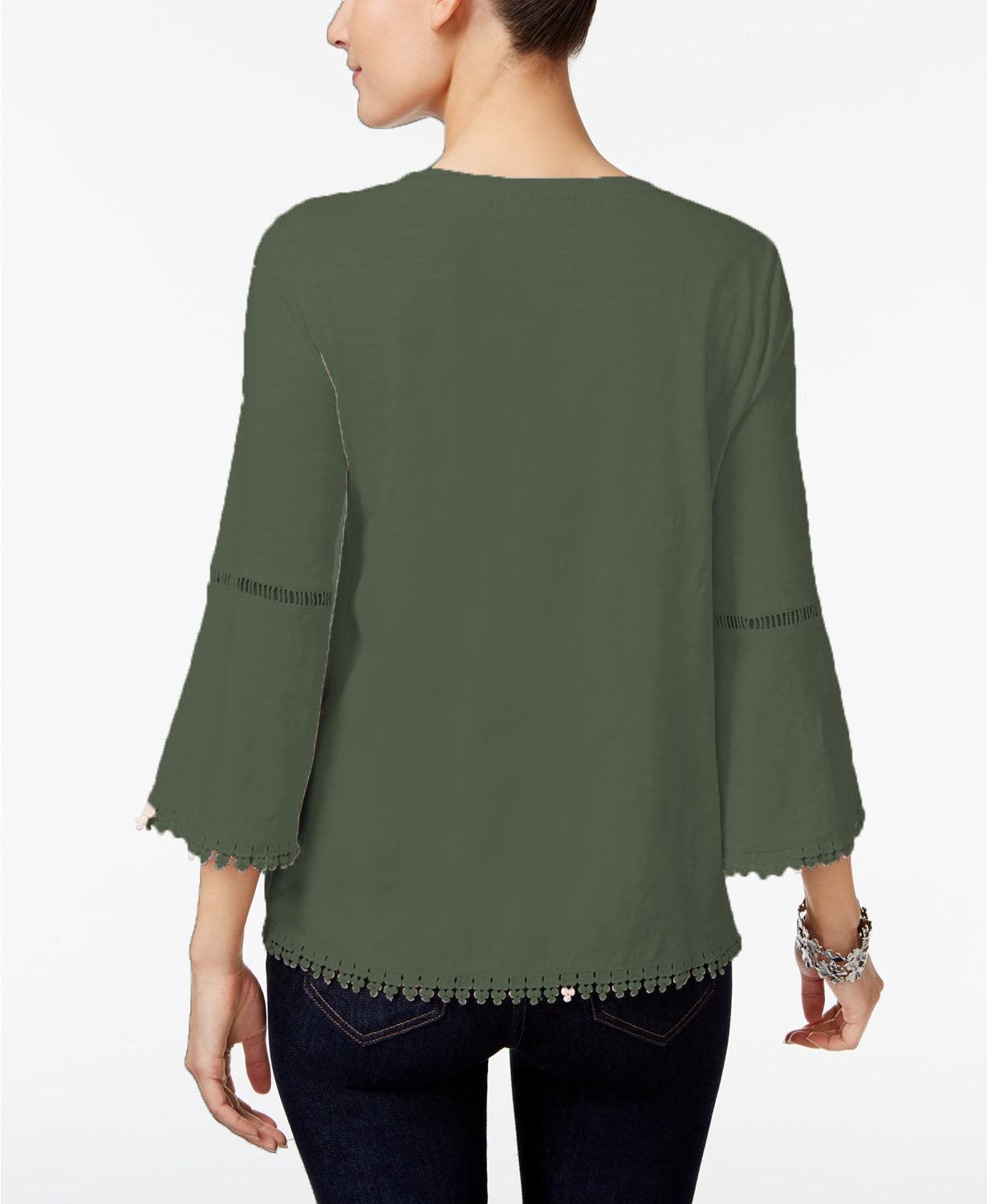Blusa feminina pequena de crochê com manga sino e acabamento em crochê, verde oliva, tamanho médio