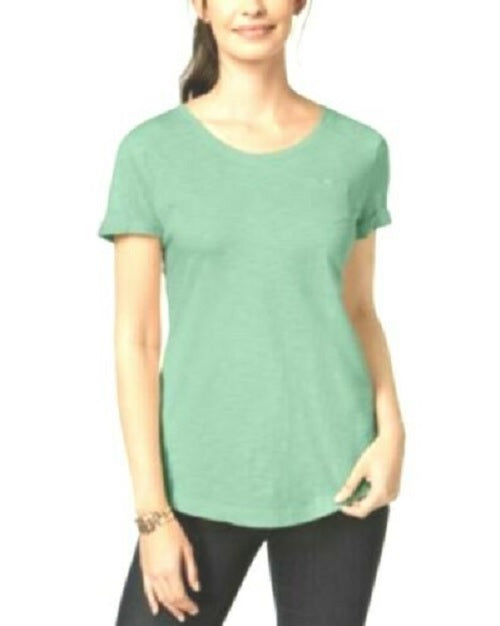 Camiseta feminina pequena com decote em V e bolso, tamanho médio, estilo menta doce