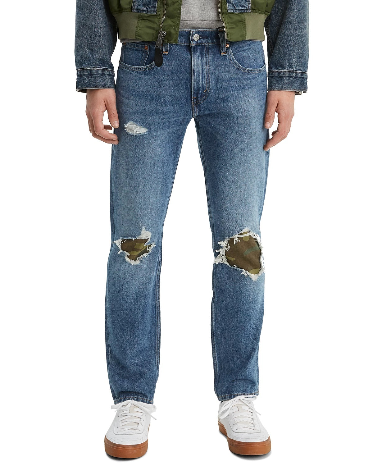 Calça jeans Levi's 502 Tapered Fit rasgada com estampa camuflada, tamanho 34x30, masculina, azul