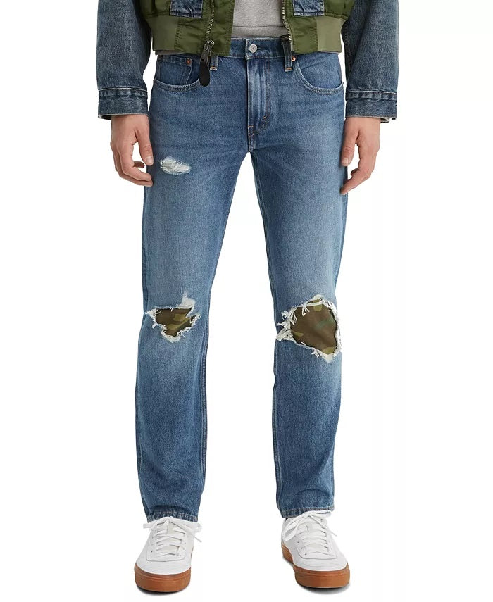 Calça Jeans Levi's Masculina 502 Tapered Fit Rasgada com Estampa Camuflada Reparadora Azul Tamanho 38X30