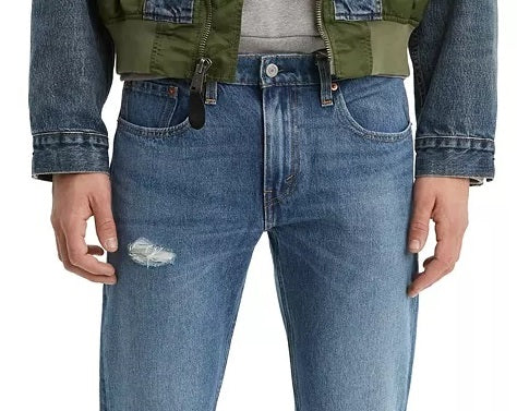 Calça Jeans Levi's Masculina 502 Tapered Fit Rasgada com Estampa Camuflada Reparadora Azul Tamanho 38X30