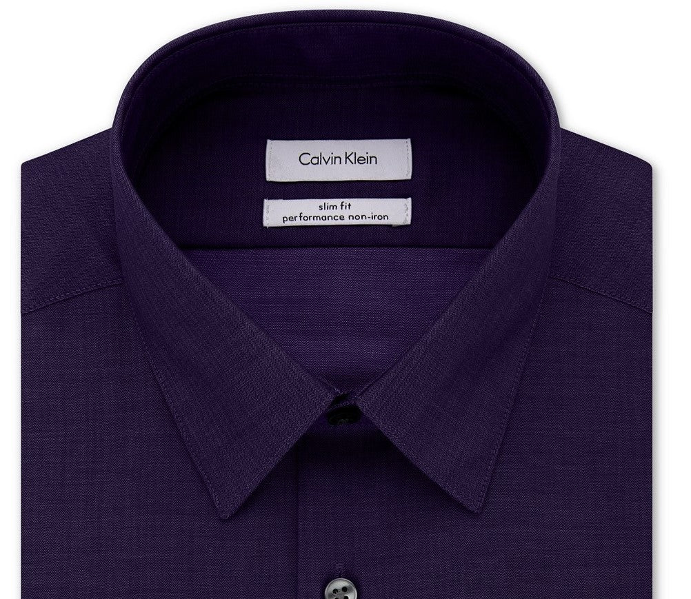 Camisa social Calvin Klein masculina slim fit, sem passar roupa, gola espinha de peixe, roxa, tamanho 17-34-35