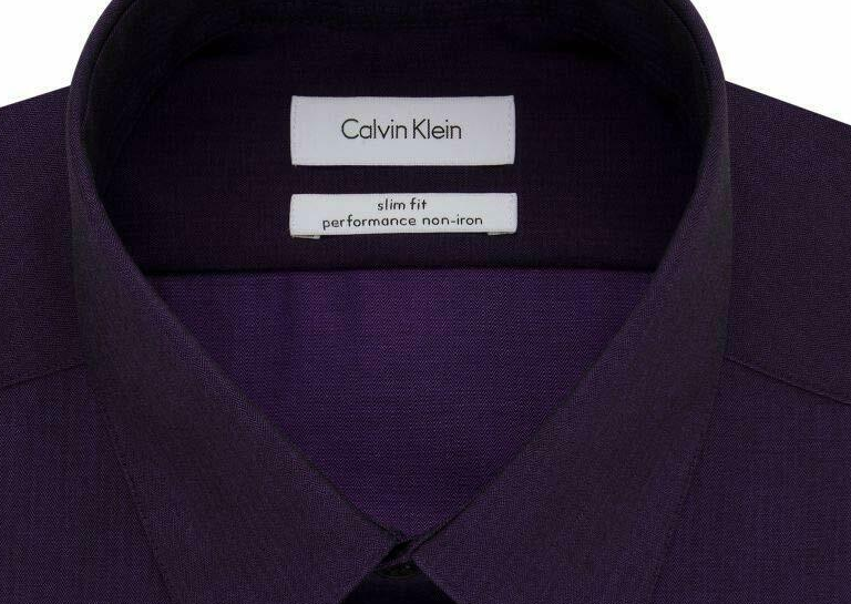 Camisa social masculina Calvin Klein Steel Slim Fit sem passar roupa, gola espinha de peixe, roxa, tamanho 36-37