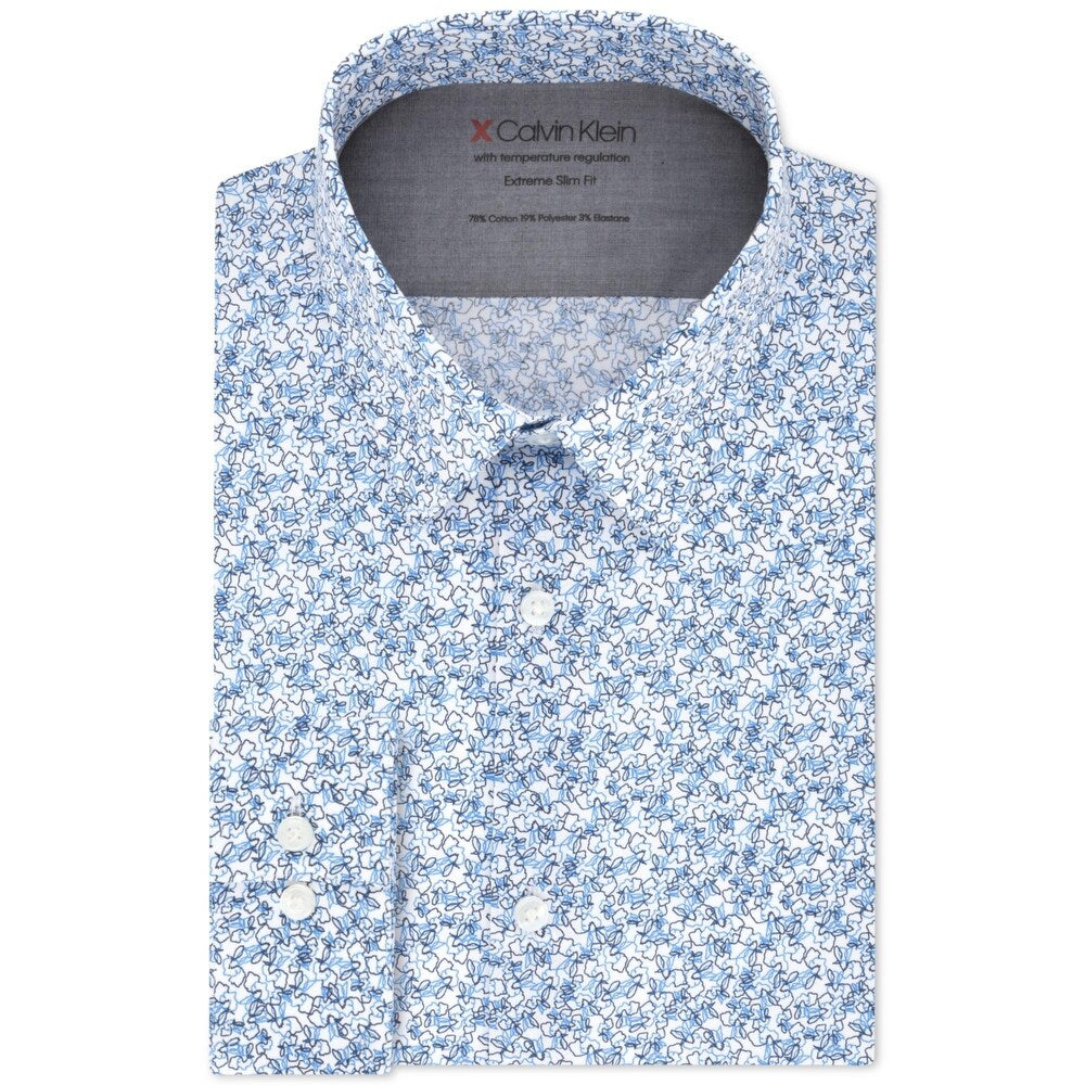 Camisa social masculina Calvin Klein X Extra-Slim Fit com estampa térmica elástica e desempenho, tamanho azul, 15x32-35