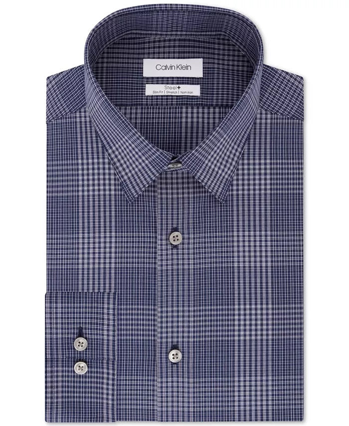 Camisa social masculina Calvin Klein Steel Slim Fit Stretch Performance, sem passar, com regulagem de temperatura, azul xadrez, tamanho marinho, 15x34x35