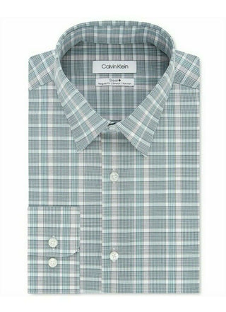 Camisa social masculina Calvin Klein Steel Classic Fit, sem necessidade de passar, com elastano e xadrez verde, tamanho 15,5x32-33