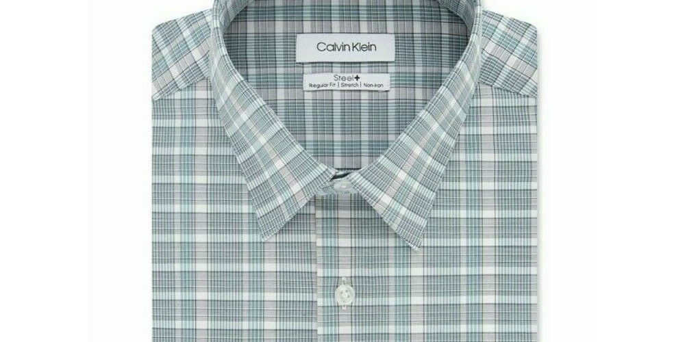 Camisa social masculina Calvin Klein Steel Classic Fit, sem necessidade de passar, com elastano e xadrez verde, tamanho 15,5x32-33