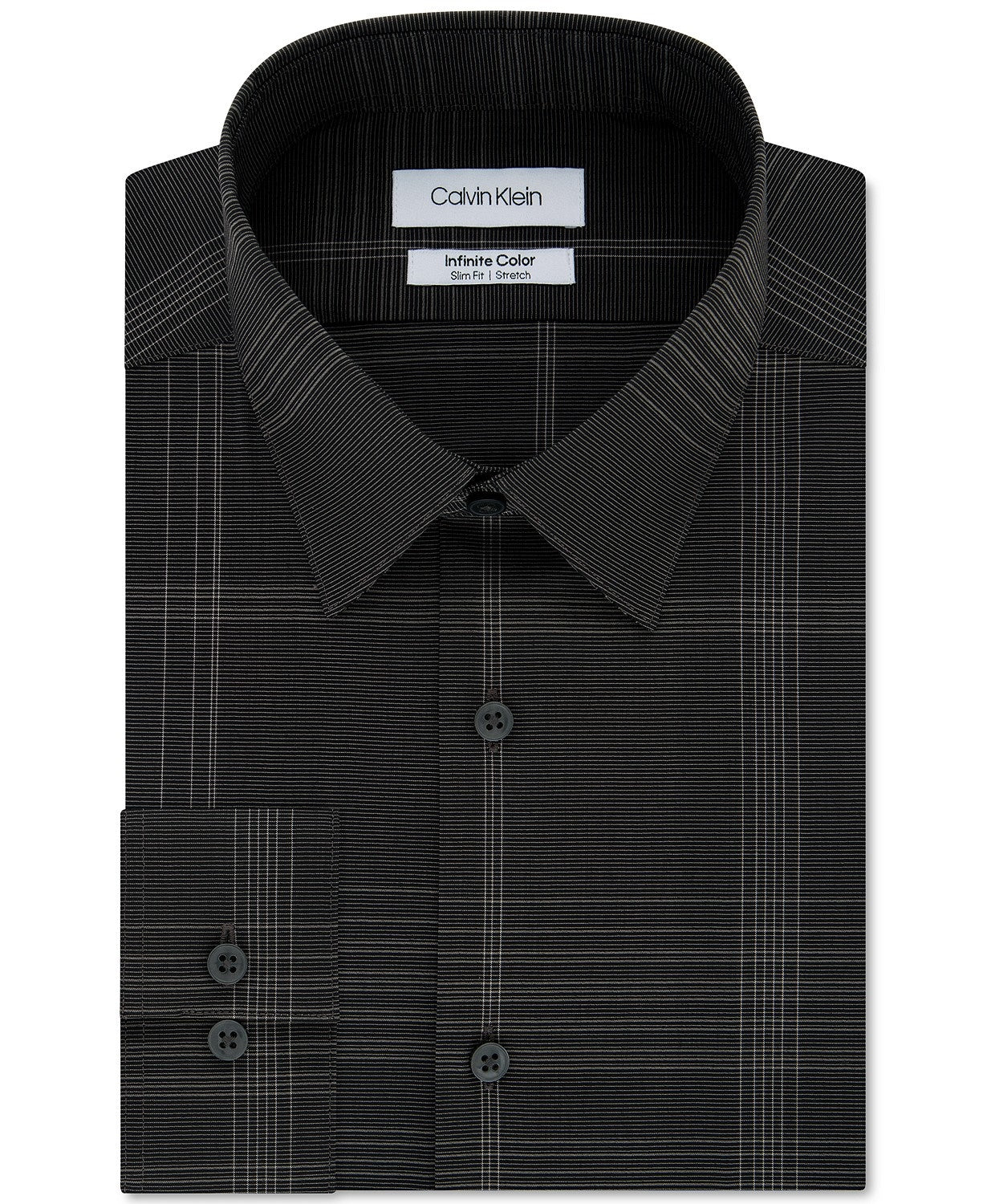 Camisa social masculina Calvin Klein Infinite Color Slim-Fit, sem necessidade de passar, com estampa xadrez elástica, preta, tamanho 17x32-33