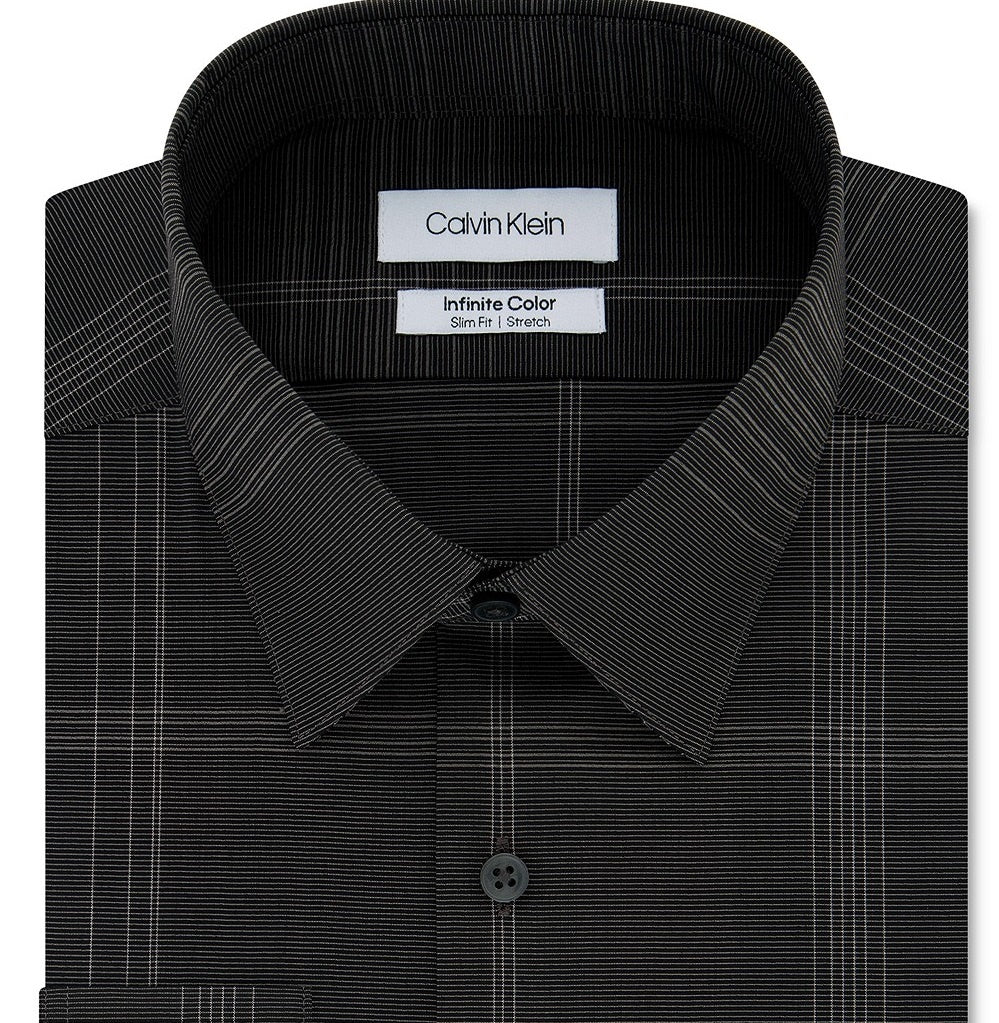 Camisa social masculina Calvin Klein Infinite Color Slim-Fit, sem necessidade de passar, com estampa xadrez elástica, preta, tamanho 17x32-33