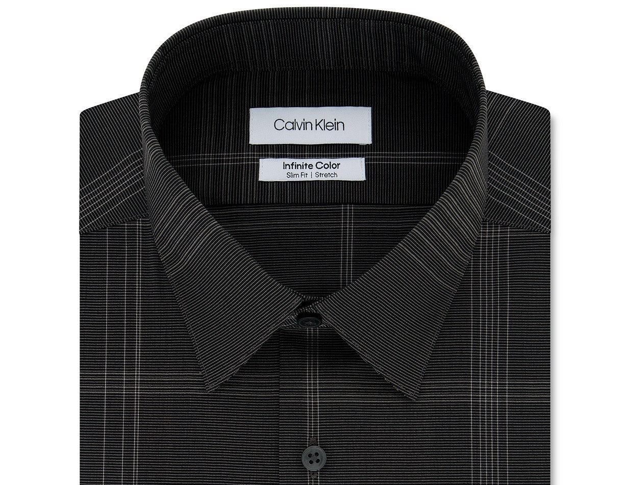 Camisa social masculina Calvin Klein Infinite Color Slim-Fit, não precisa passar, xadrez elástico, cinza, tamanho 14,5x32-33