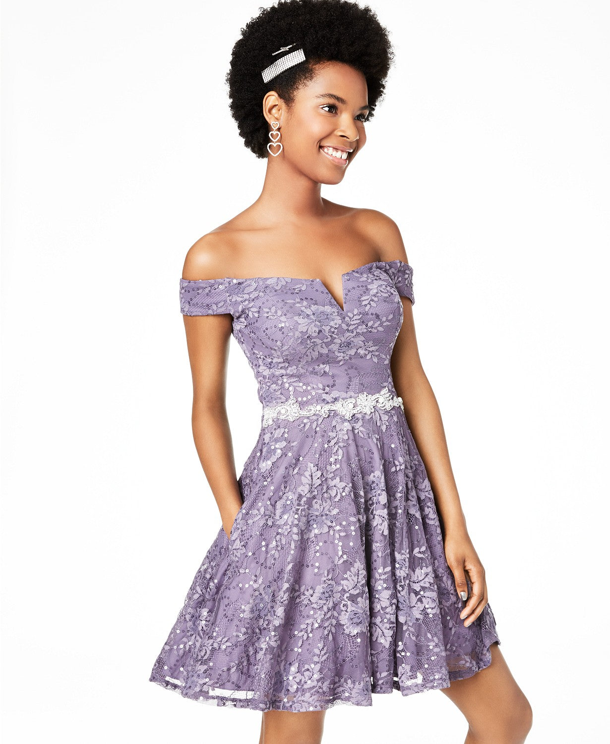 Vestido de renda com ombros à mostra e flare, roxo, tamanho 1, para jovens da City Studios