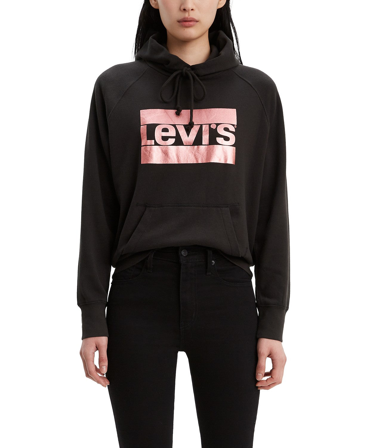 Moletom com capuz feminino Levi's com estampa de logotipo metálico, preto, tamanho 2, extra grande
