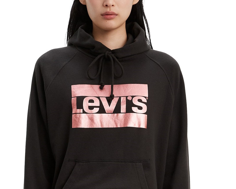 Moletom com capuz feminino Levi's com estampa de logotipo metálico, preto, tamanho 2, extra grande