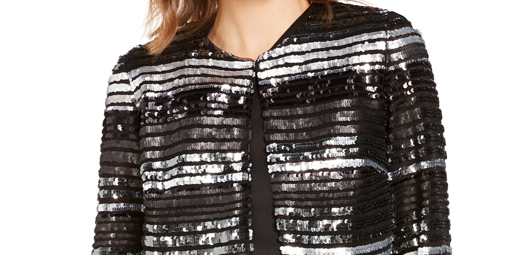 Jaqueta bolero feminina com lantejoulas R &amp; M Richards, tamanho P, carvão