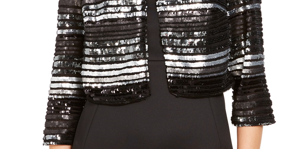 Jaqueta bolero feminina com lantejoulas R &amp; M Richards, tamanho P, carvão