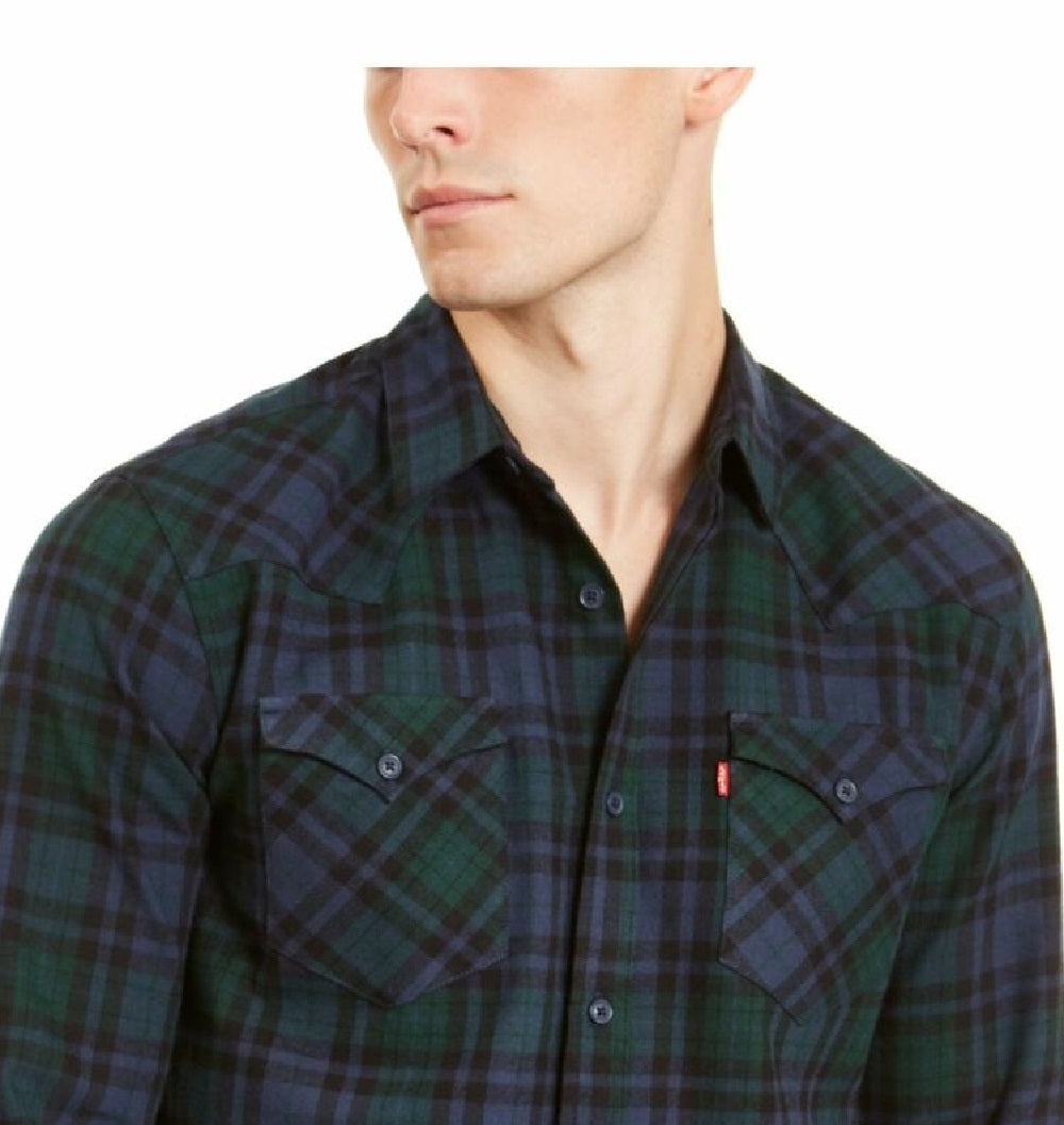 Vestido de trabalho masculino Levi's xadrez com gola, azul marinho, tamanho pequeno