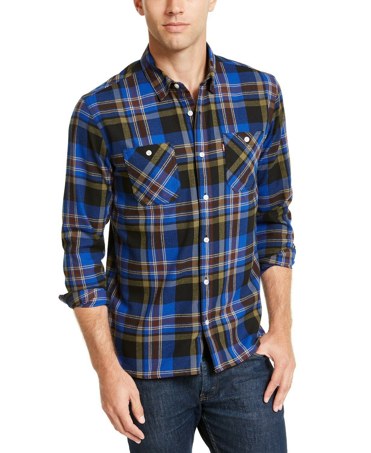 Camisa de flanela xadrez com bolso duplo Levi's masculina, azul, tamanho XXG