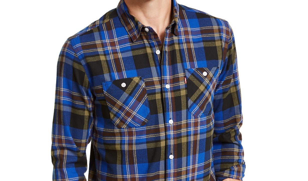 Camisa de flanela xadrez com bolso duplo Levi's masculina, azul, tamanho XXG