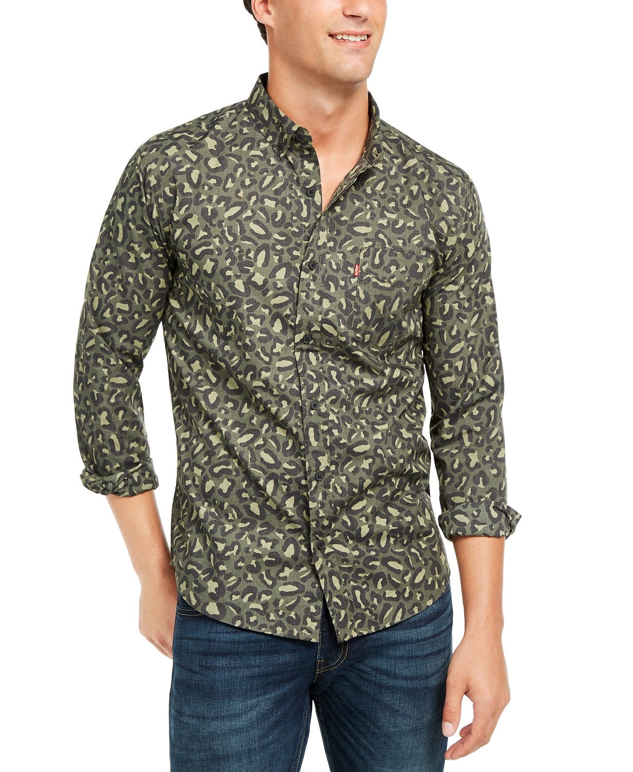 Camisa Masculina Levi's Animal Print com Botões Verde Oliva Tamanho Médio