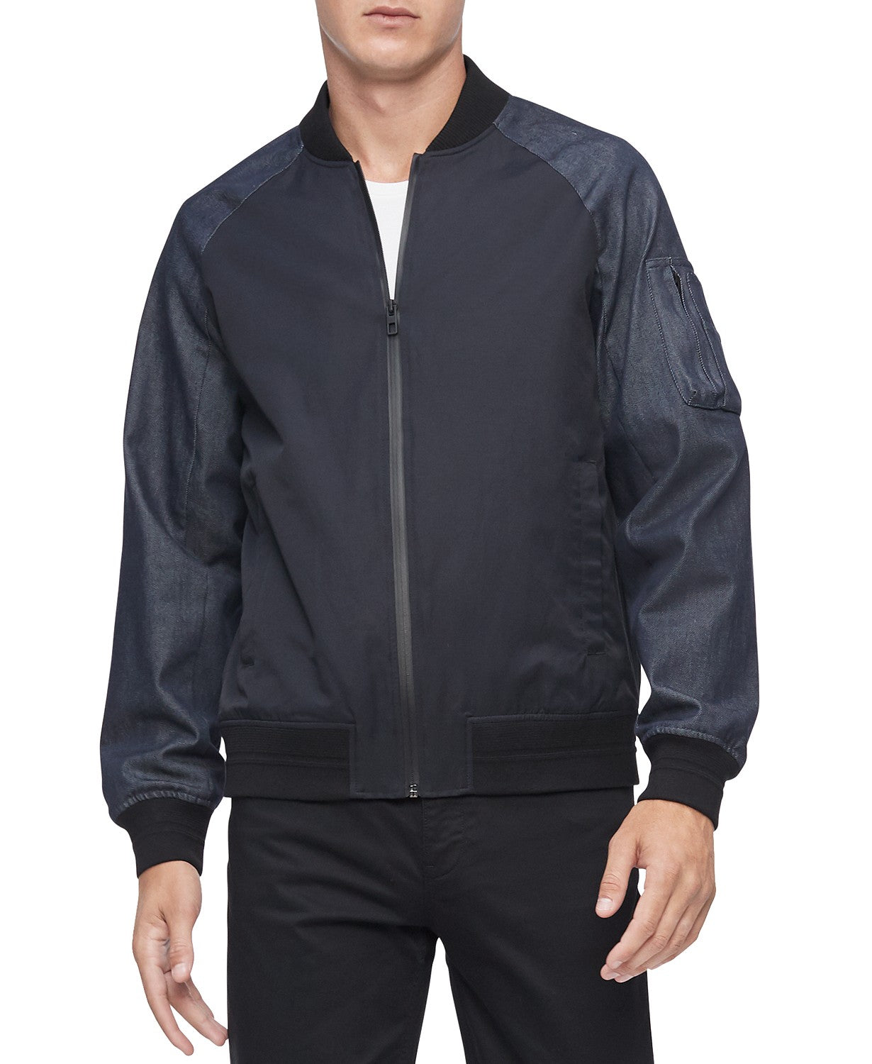 Jaqueta bomber Calvin Klein masculina com blocos de cores e mídia mista, tamanho grande, carvão