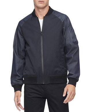 Jaqueta bomber Calvin Klein masculina com blocos de cores e mídia mista, tamanho grande, carvão