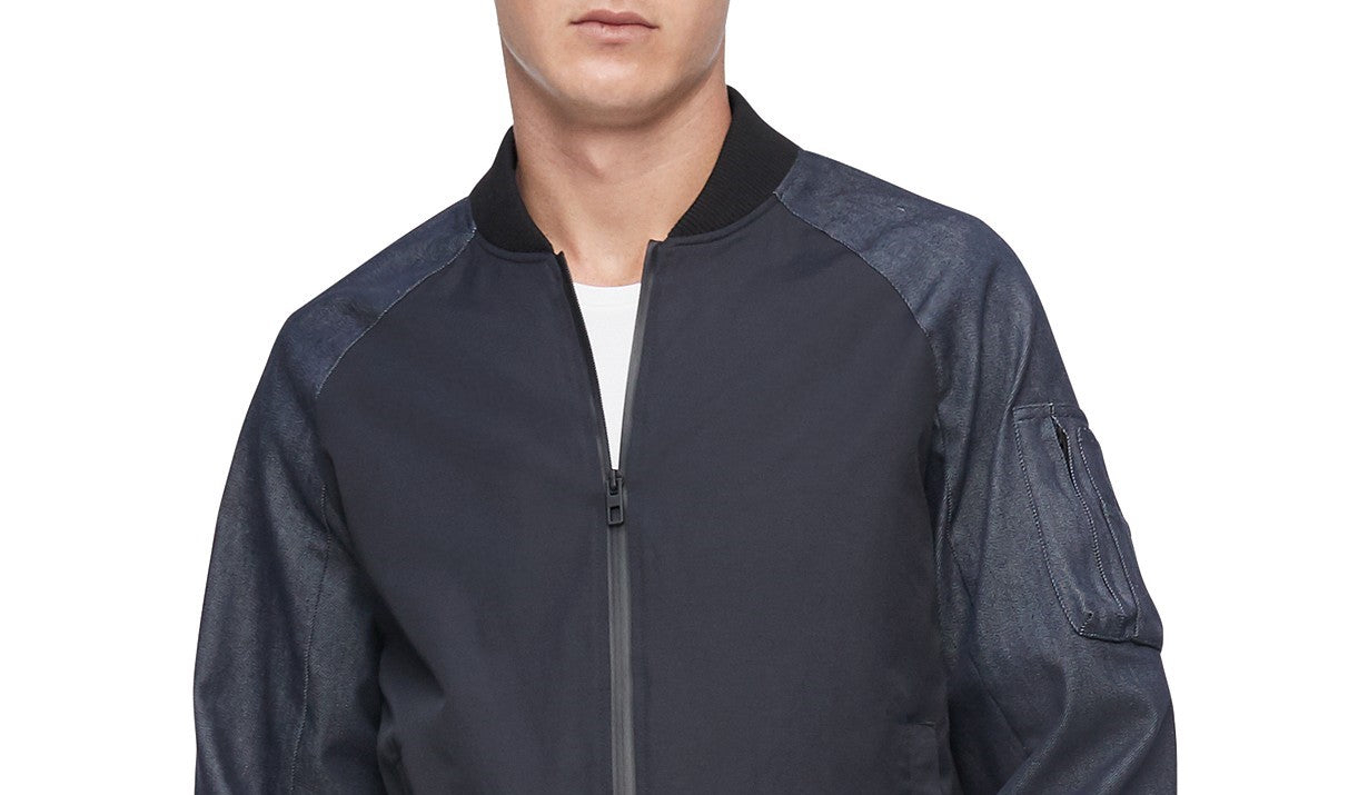 Jaqueta bomber Calvin Klein masculina com blocos de cores e mídia mista, tamanho grande, carvão