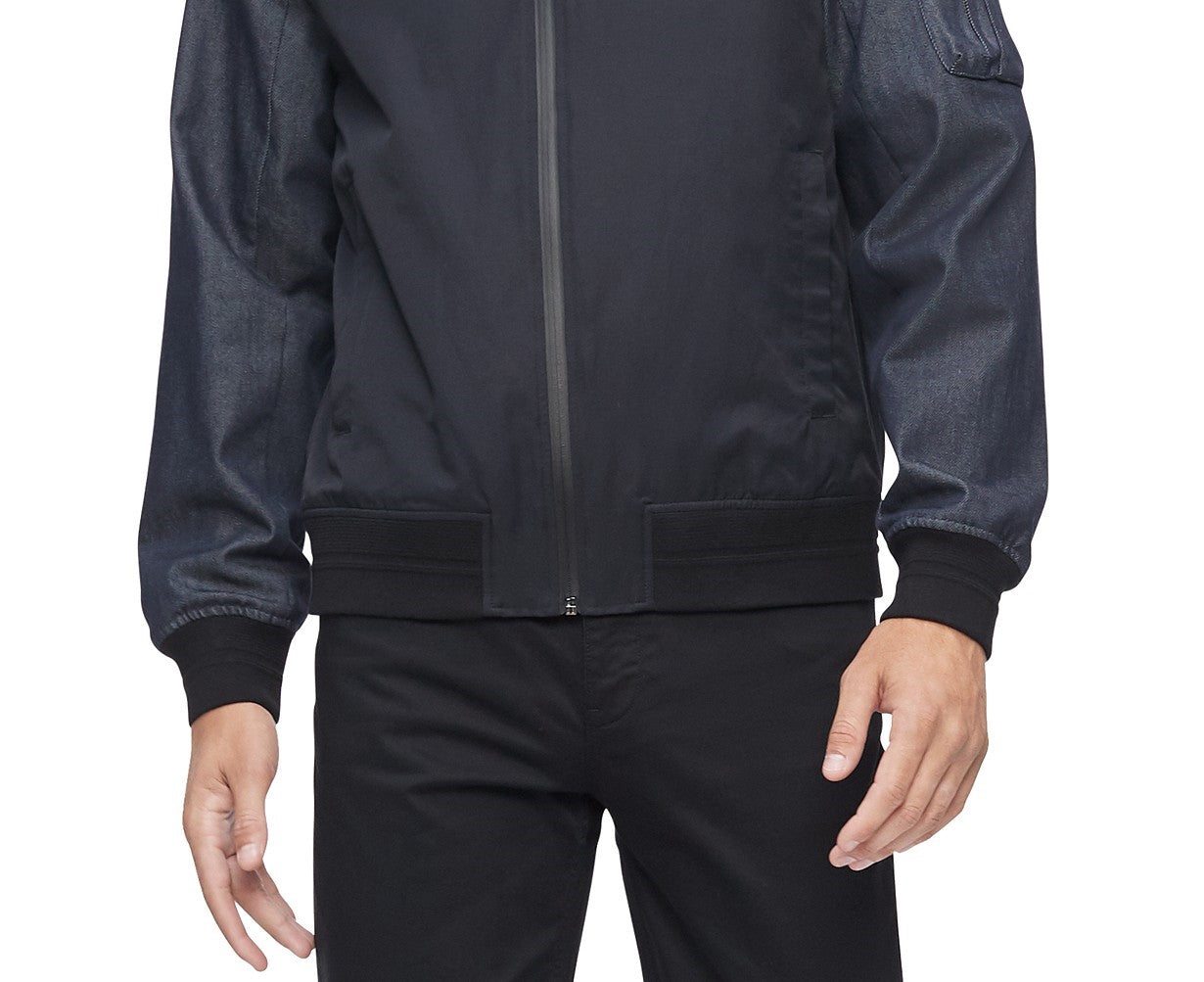 Jaqueta bomber Calvin Klein masculina com blocos de cores e mídia mista, tamanho grande, carvão