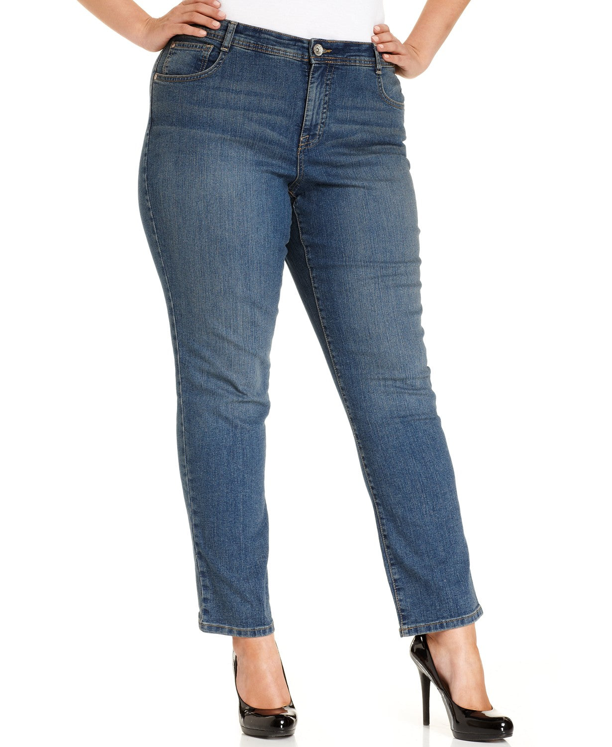 Jeans feminino plus size com controle de barriga e perna justa, estilo &amp; co, azul, tamanho 28