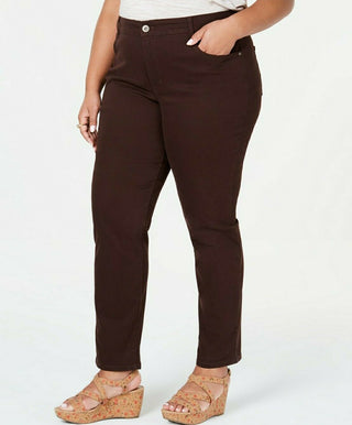 Jeans feminino plus size e pequeno estilo &amp; co plus size com controle de barriga e perna justa, marrom, tamanho pequeno